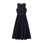 Embroidery Sleeveless Belted Denim Midi Dress