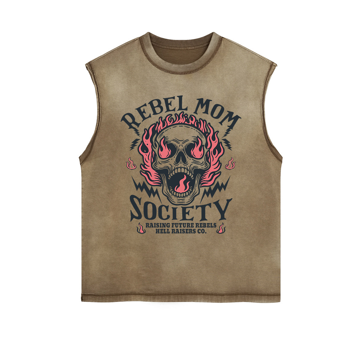 Rebel Mom Society Skull Graphic Sleeveless Faded Tee-INNBLAC Fashion Apparel