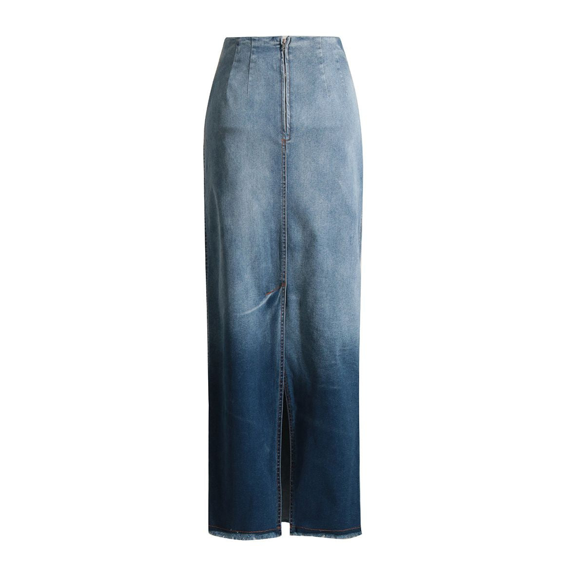 Raw Hem Ombr¨¦ Washed Denim Maxi Skirt