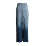 Raw Hem Ombr¨¦ Washed Denim Maxi Skirt