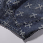 Cross Print Wide Leg Denim Jeans
