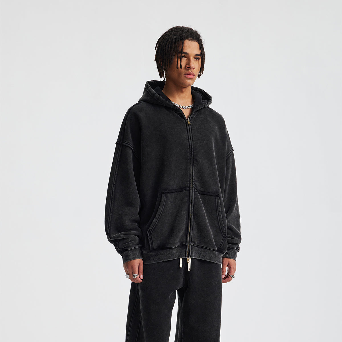 Oversized Vintage Washed Zip Up French Terry Hoodie