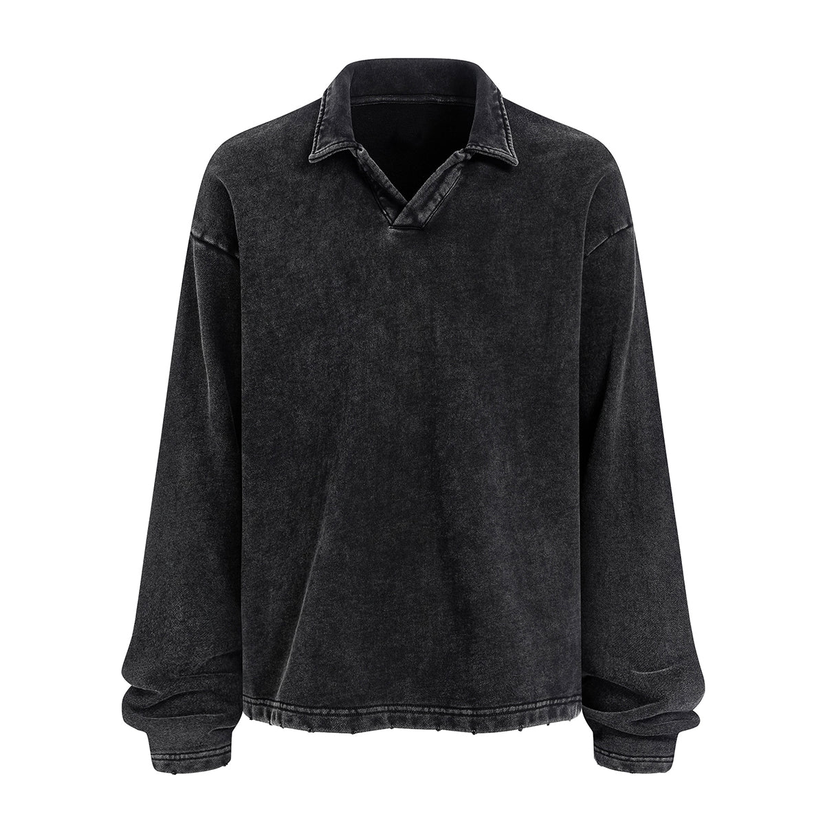 Distressed Edge Buttonless Long-Sleeve Polo