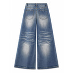 Washed Gradient Distressed Curved Leg Wide Denim Jeans