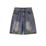Floral Embroidery Washed Denim Shorts