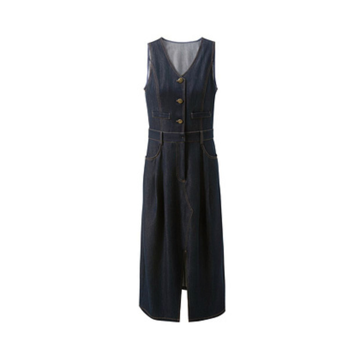 V-Neck Sleeveless Denim Midi Dress