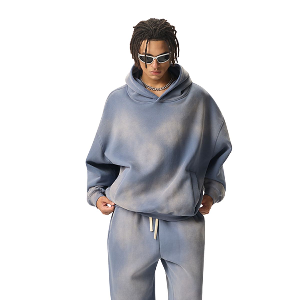 Oversized Spray-Bleach Distressed Fleece Hoodie