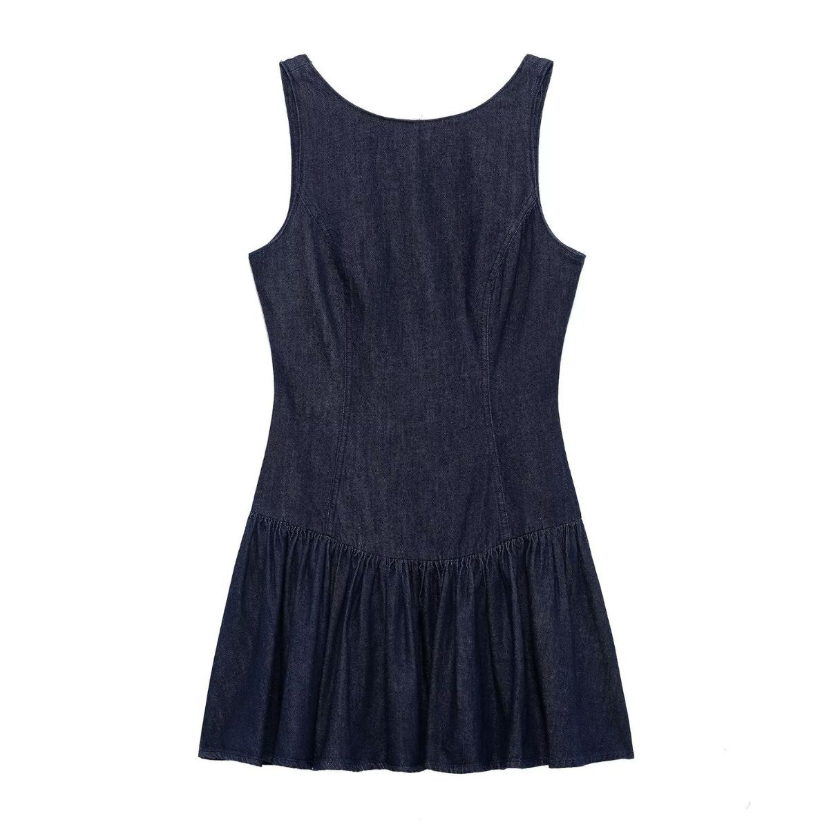Low-Cut Back Ruffle Mini Denim Dress