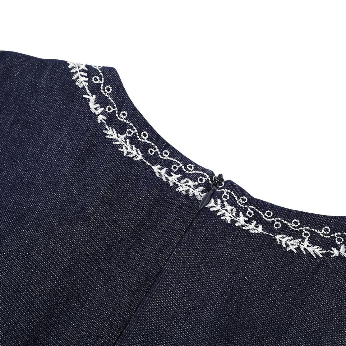 Embroidery Sleeveless Belted Denim Midi Dress