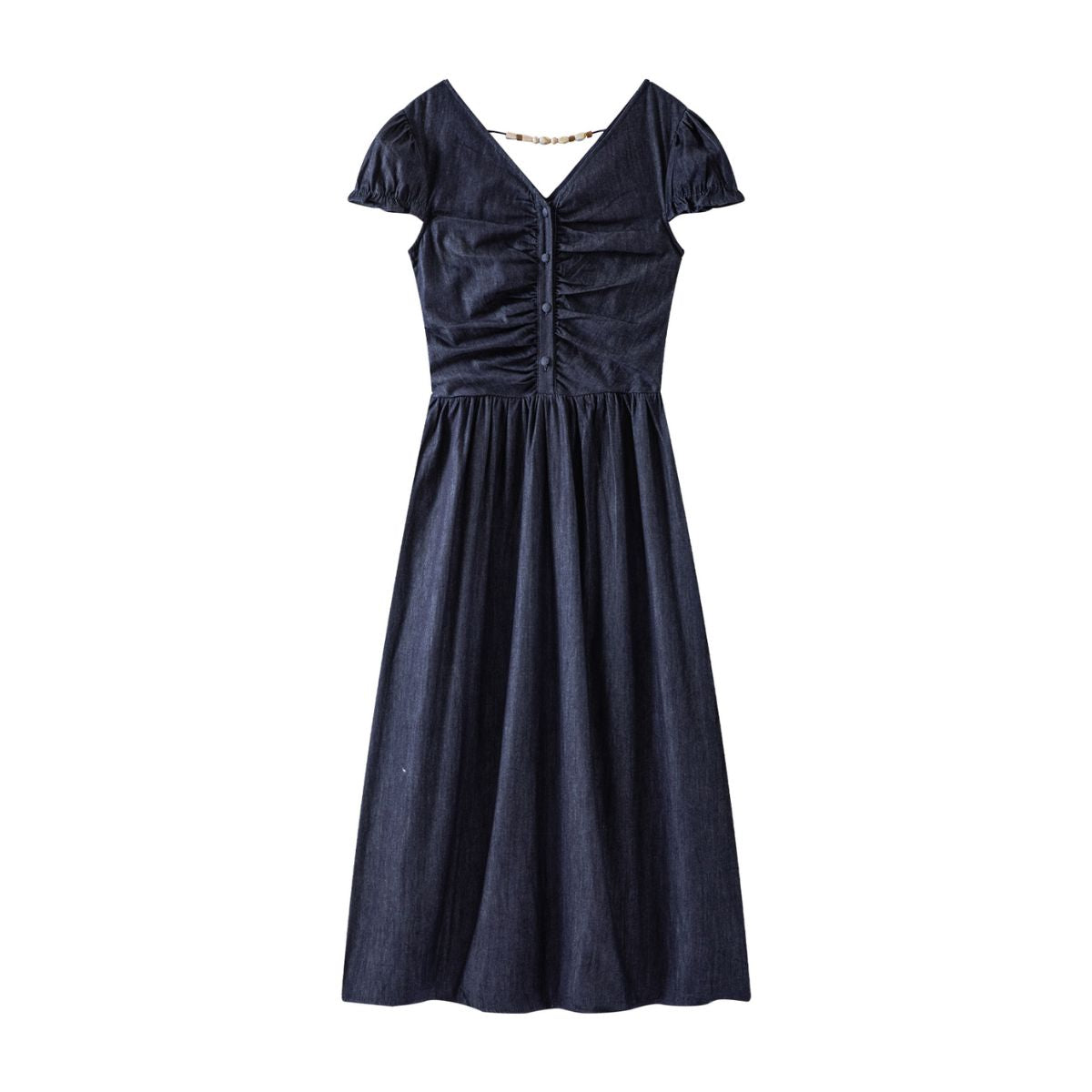 Puff sleeve Smocked Denim Midi Dress