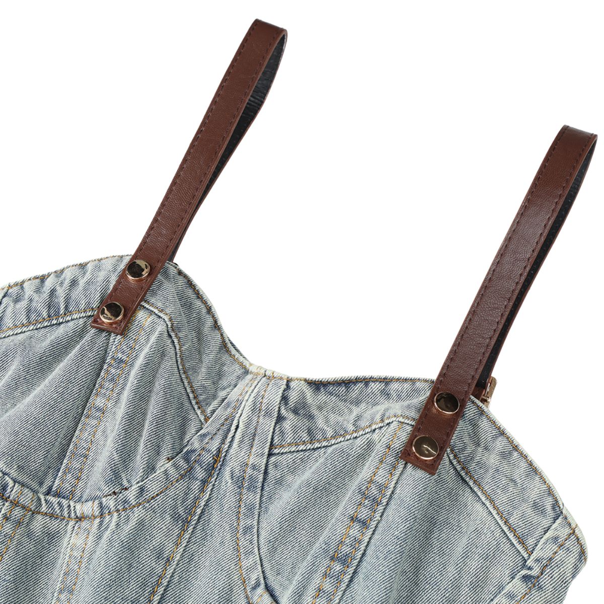 Sweetheart Collar Strappy Denim Midi Dress