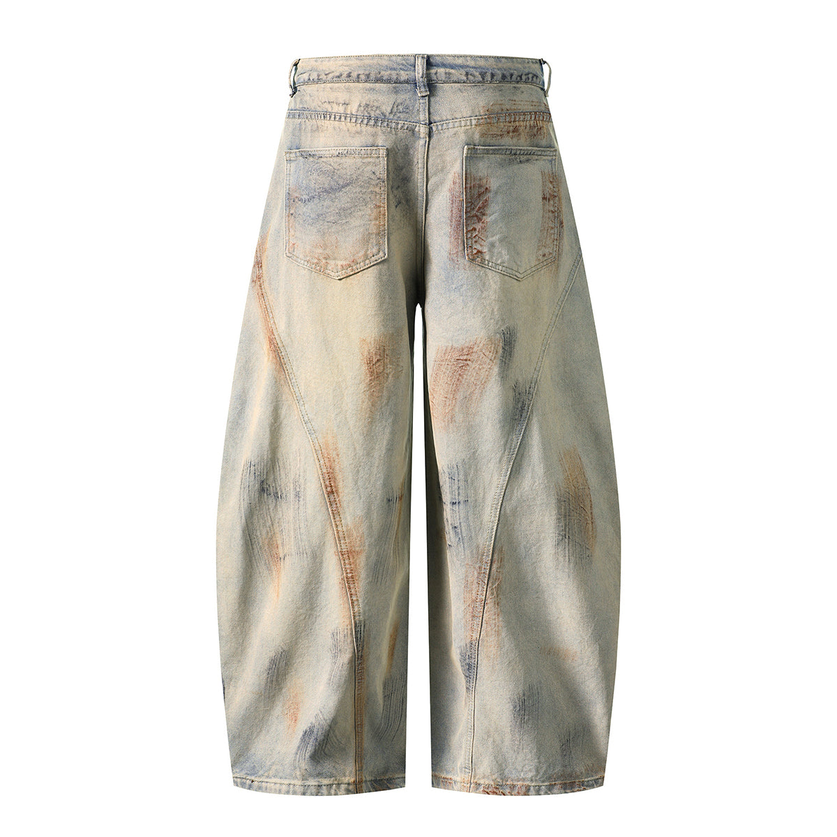 Muddy Wash Panel Stitching Barrel-Leg Jeans
