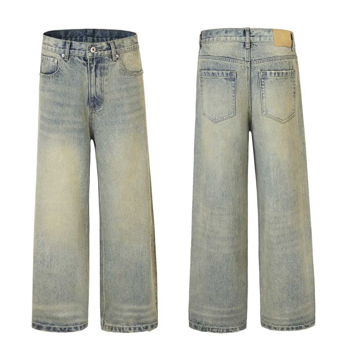 Vintage Wash Distressed Wide-Leg Jeans