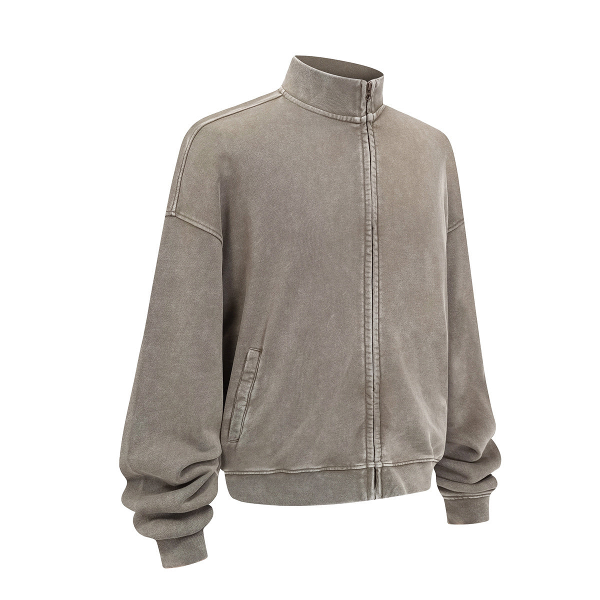 Vintage Zip-Up Ribbed Stand Collar Sweatshirt