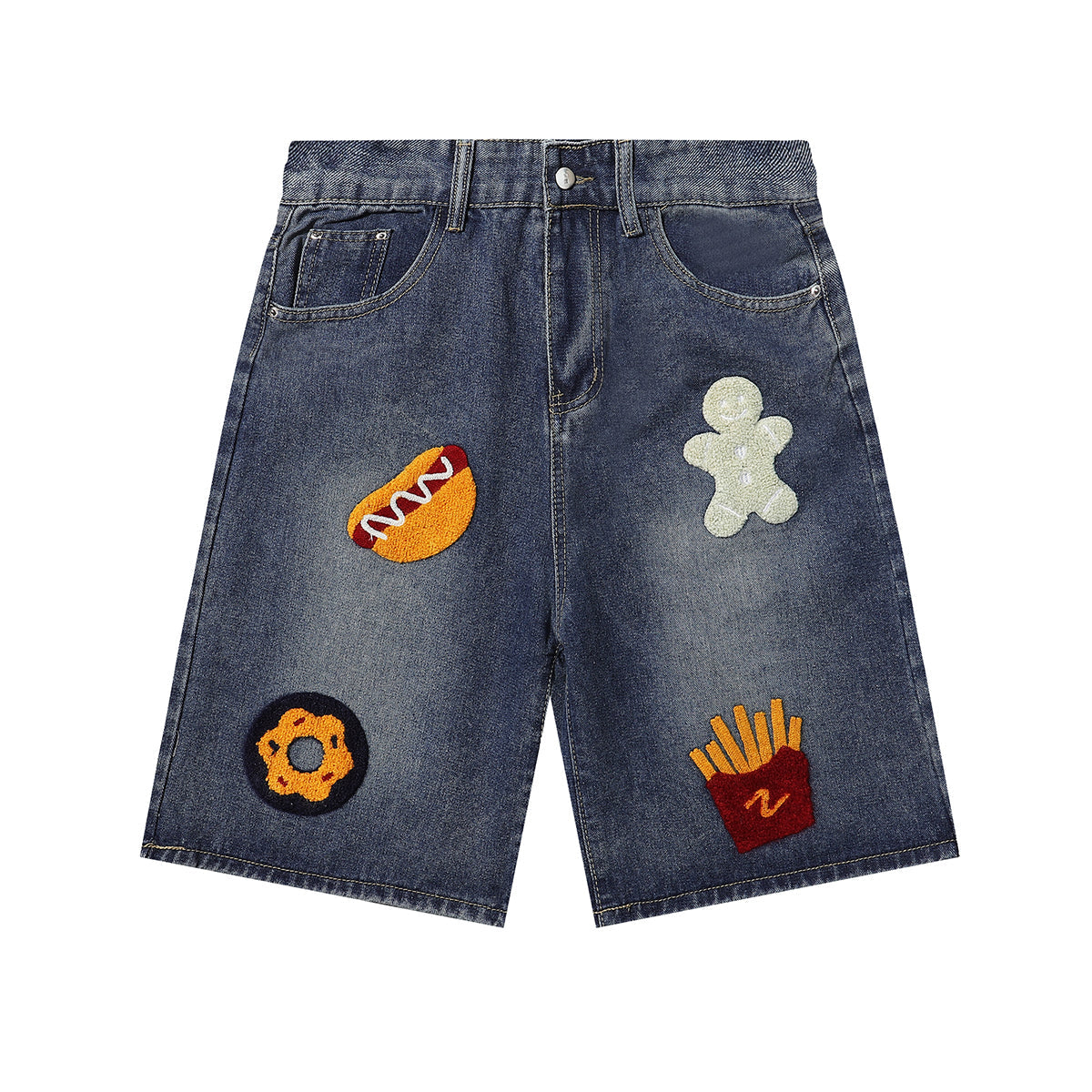Cartoon Food Embroidery Fun Streetwear Denim Shorts
