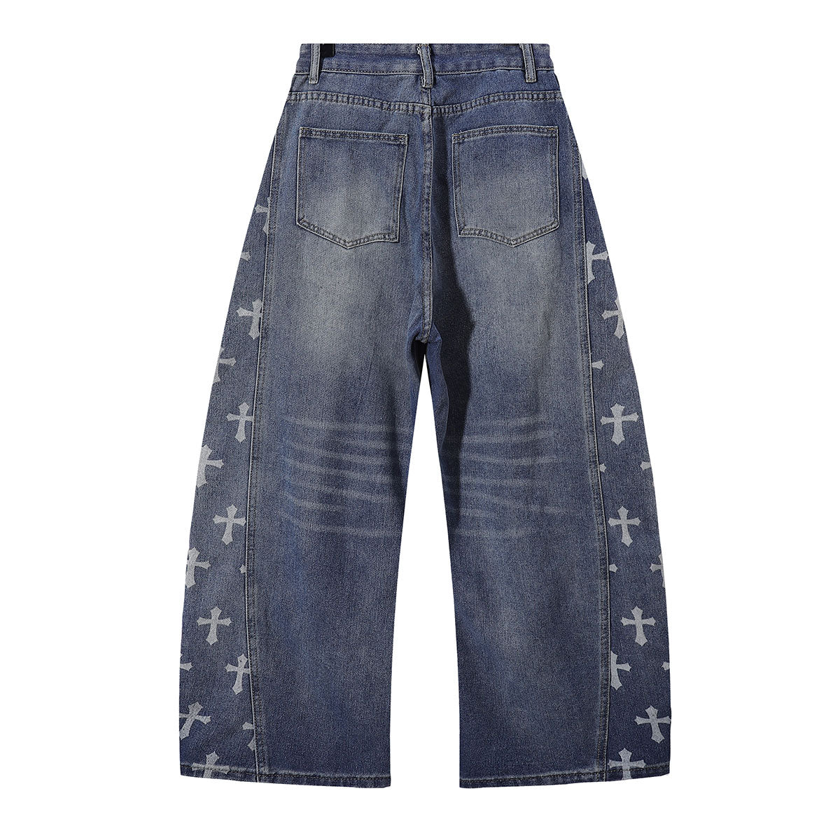 Cross Print Wide Leg Denim Jeans