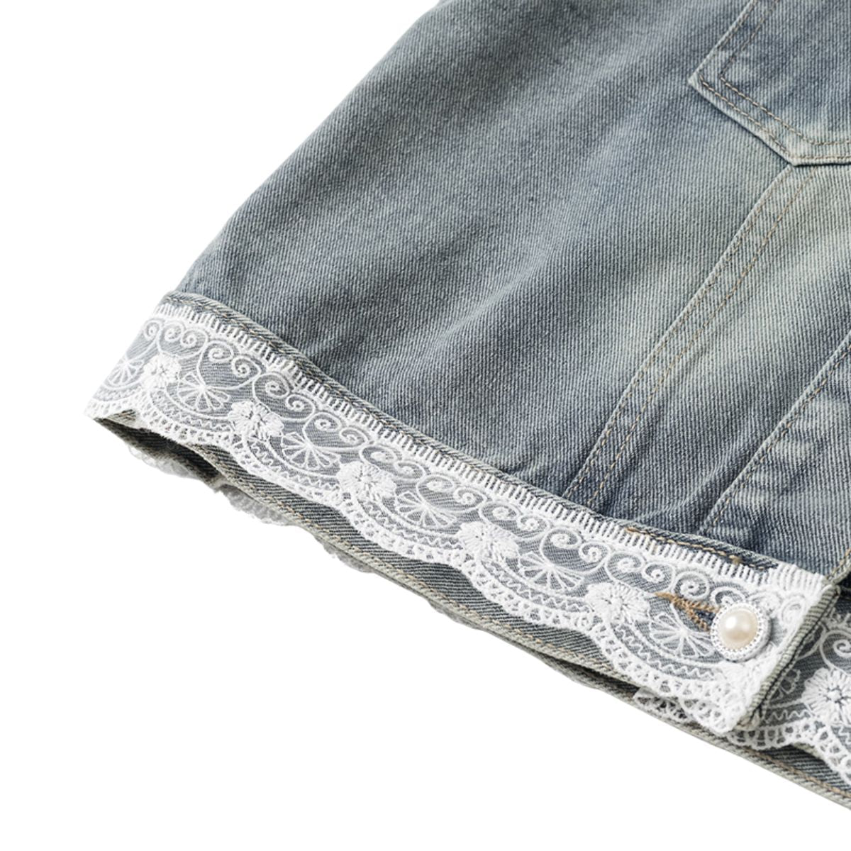 Vintage Wash Lace Trim Denim Vest