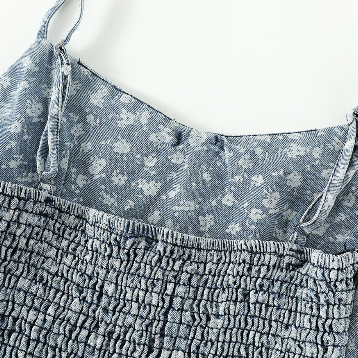 Floral Print Denim Spaghetti-Strap Dress