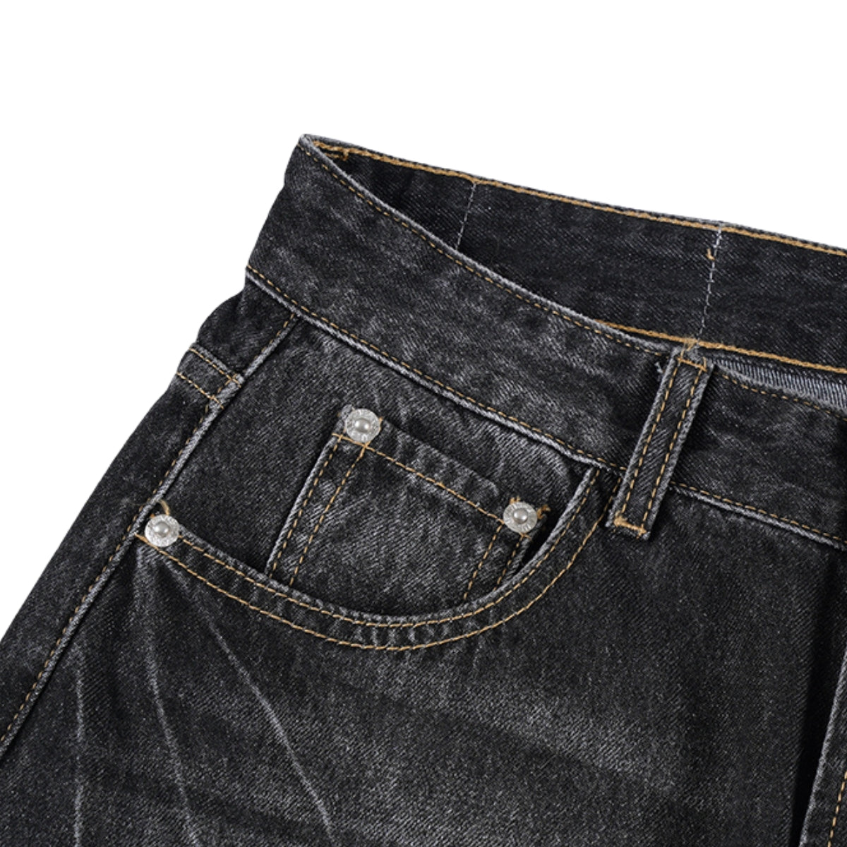 Faded Crackle Wash Baggy Curved Leg Denim Jeans