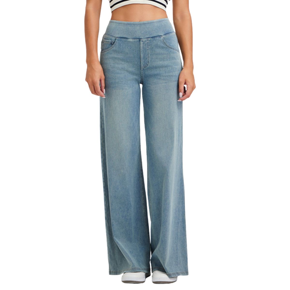 Women's Vintage Whiskered Wide Leg Jeans Stretchy Casual Pants