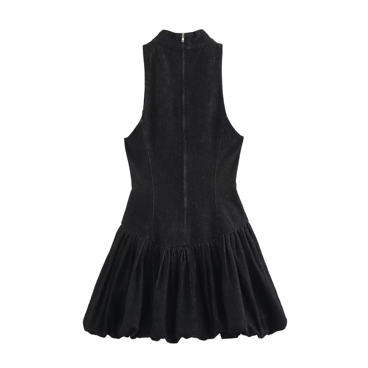 Black Sleeveless High-Neck Ruffled Mini Dress