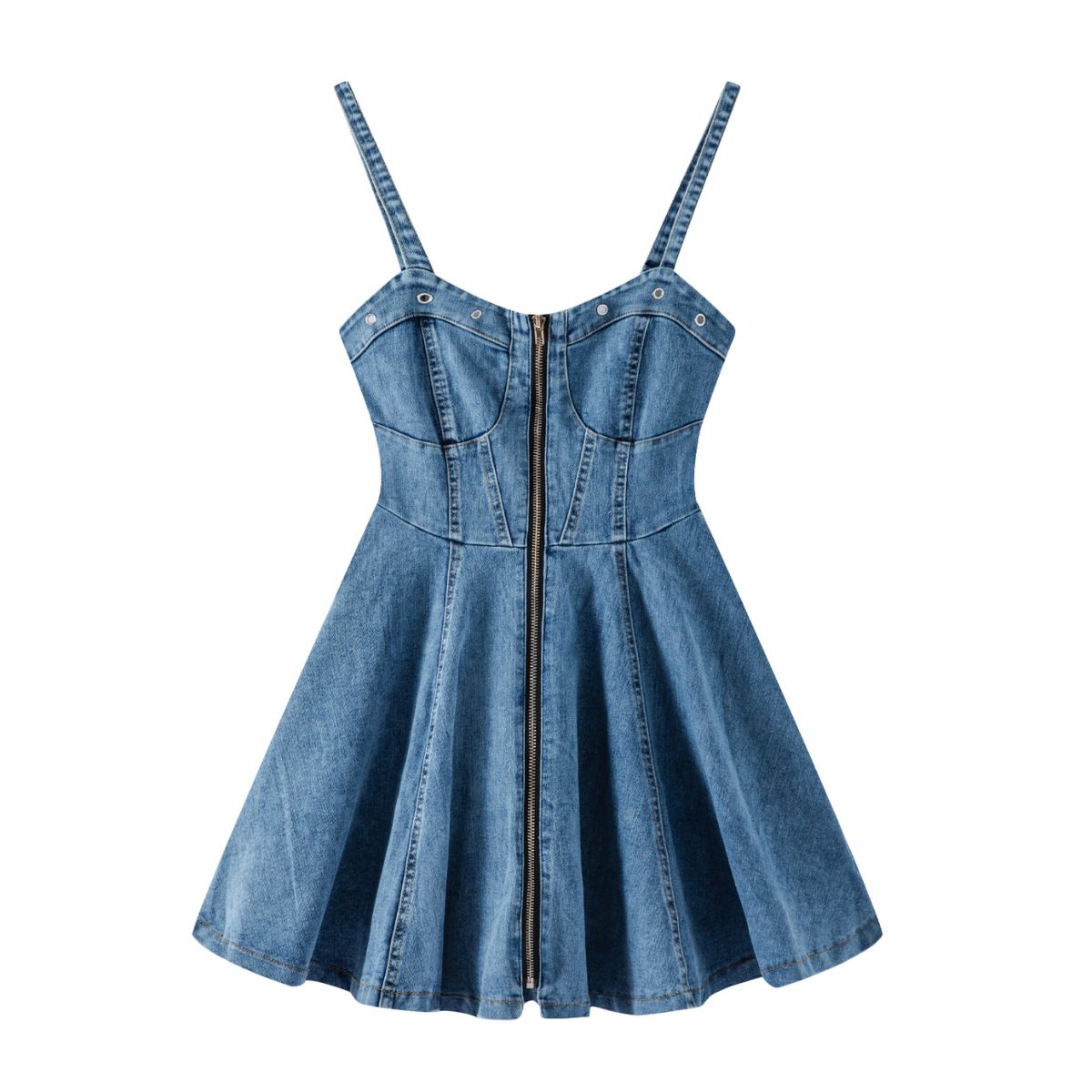 Front-Zip Smocked Denim Mini Dress