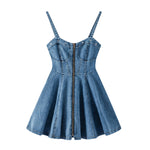 Front-Zip Smocked Denim Mini Dress