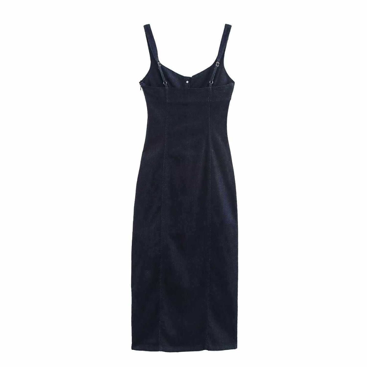Decorative Button Strappy Denim Maxi Dress