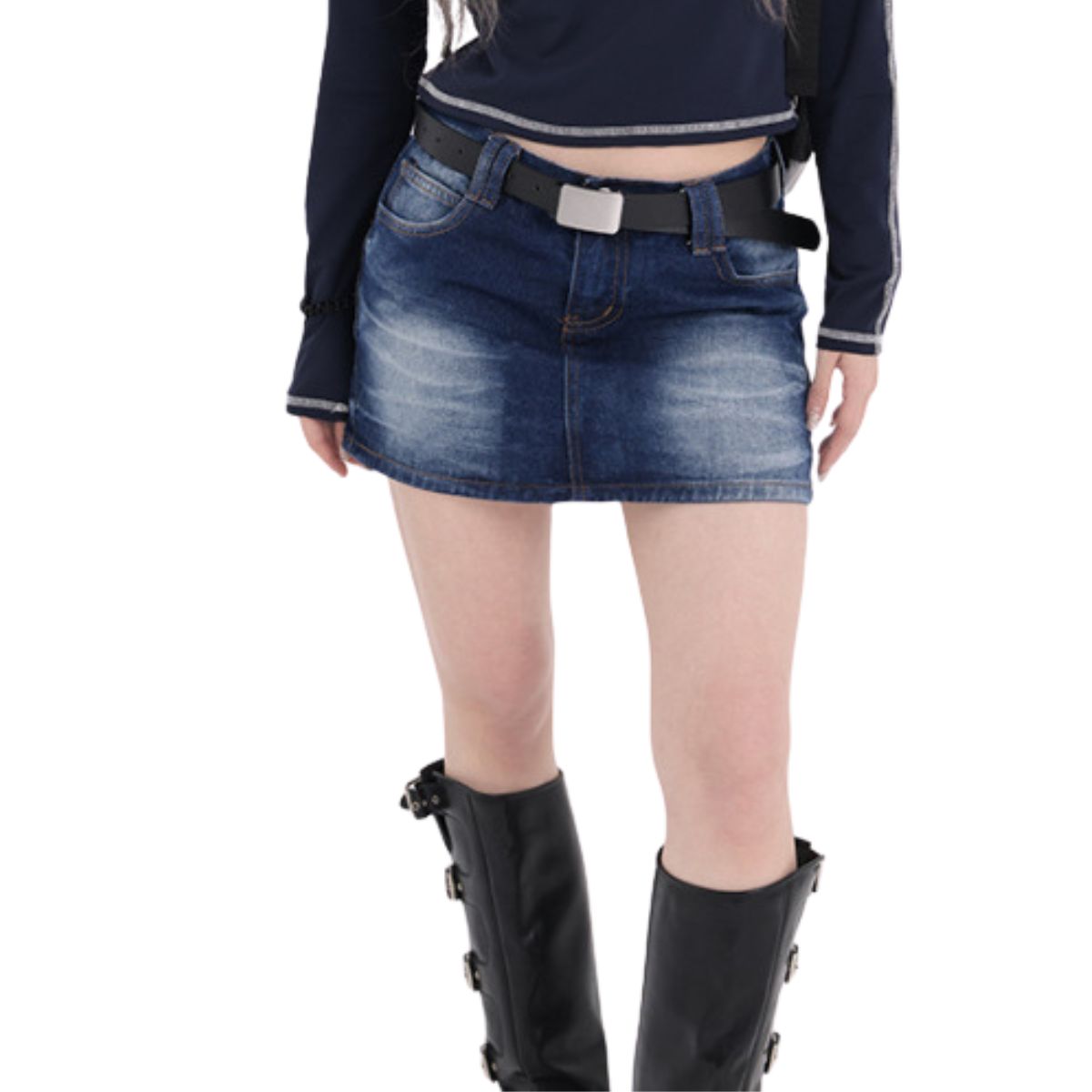 Dark Wash Faded Denim Mini Skirt