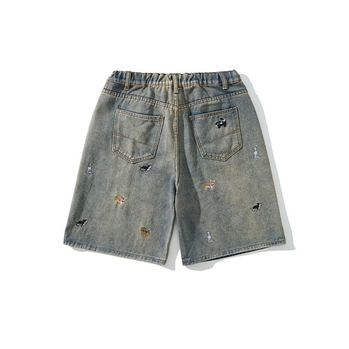Dog Embroidery Loose Fit Denim Shorts
