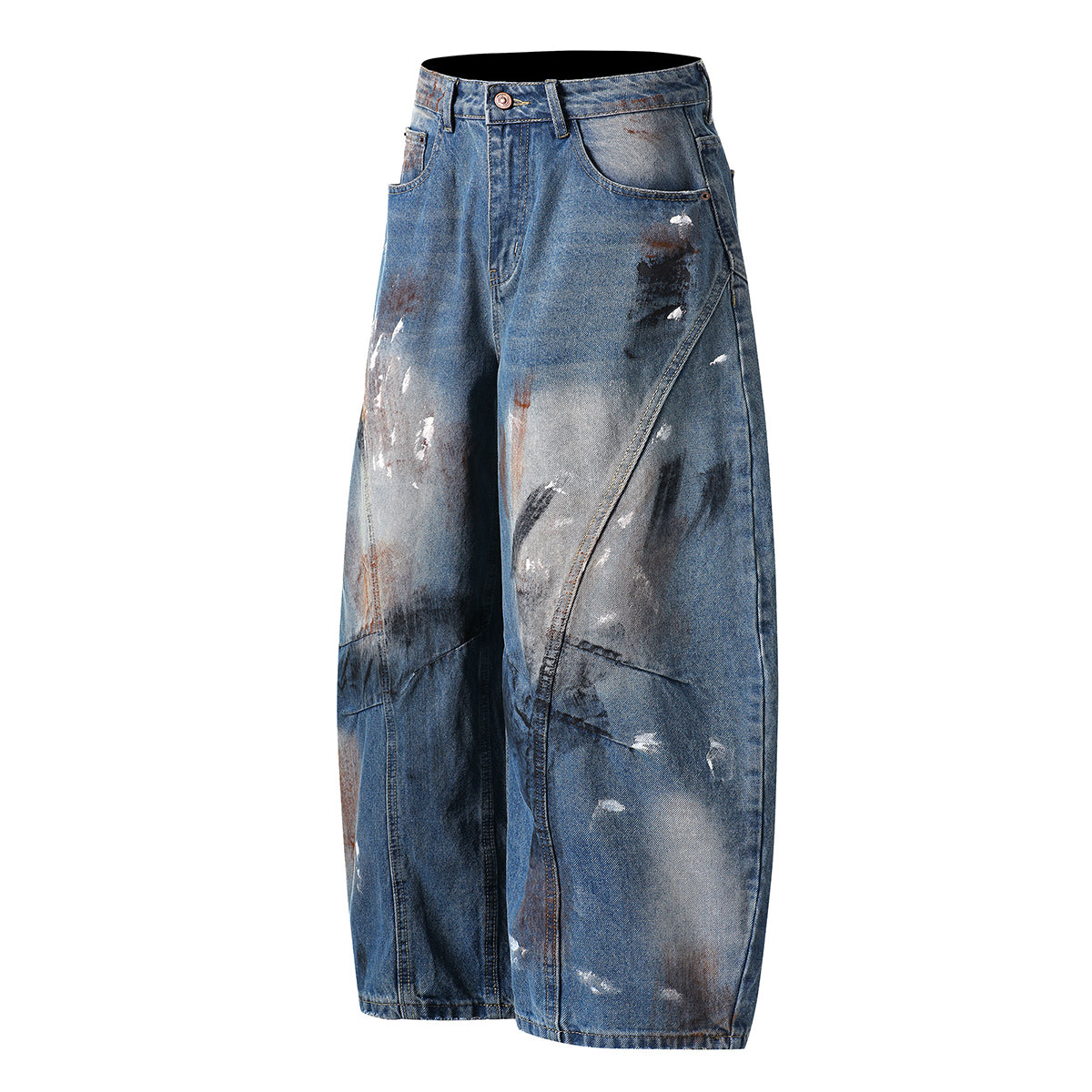 Distressed Paint Splatter Barrel-Leg Jeans