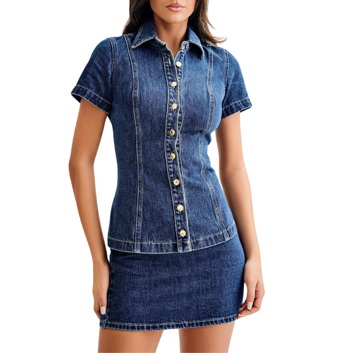 Denim Short Sleeve Top and Mini Skirt Set