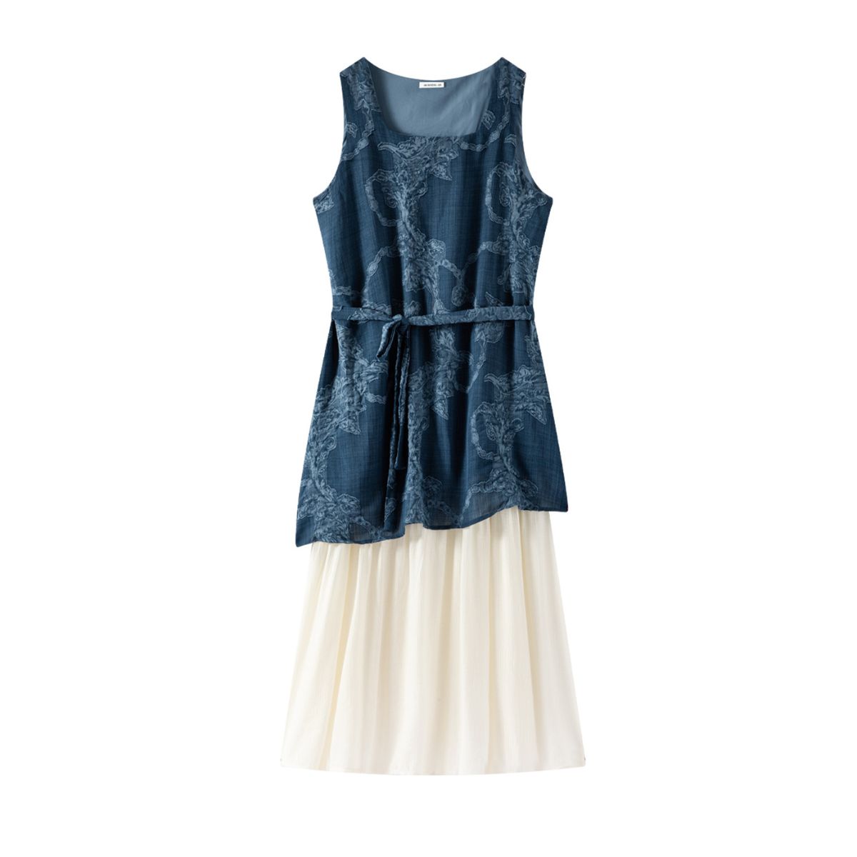 Sleeveless Patchwork Jacquard Denim Midi Dress