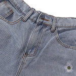 Floral Embroidery Washed Denim Shorts