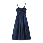 Button-Front Smocked Denim Midi Dress