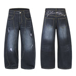 Dark Wash Embroidered Barrel-Leg Jeans