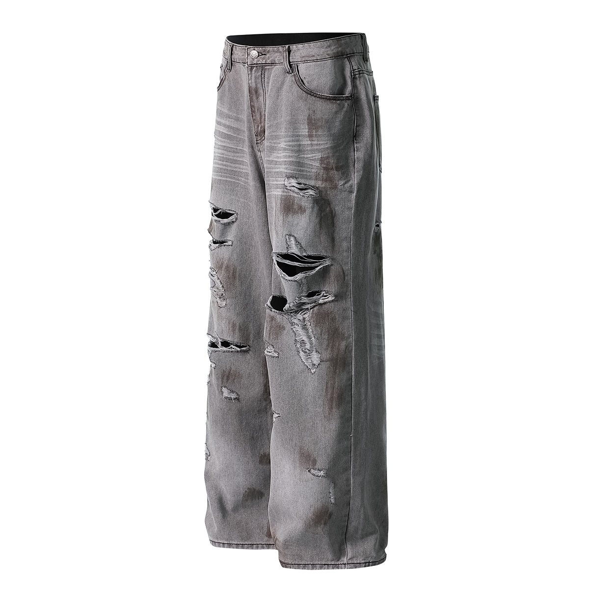 Baggy Fit Distressed Grey Ripped Jeans