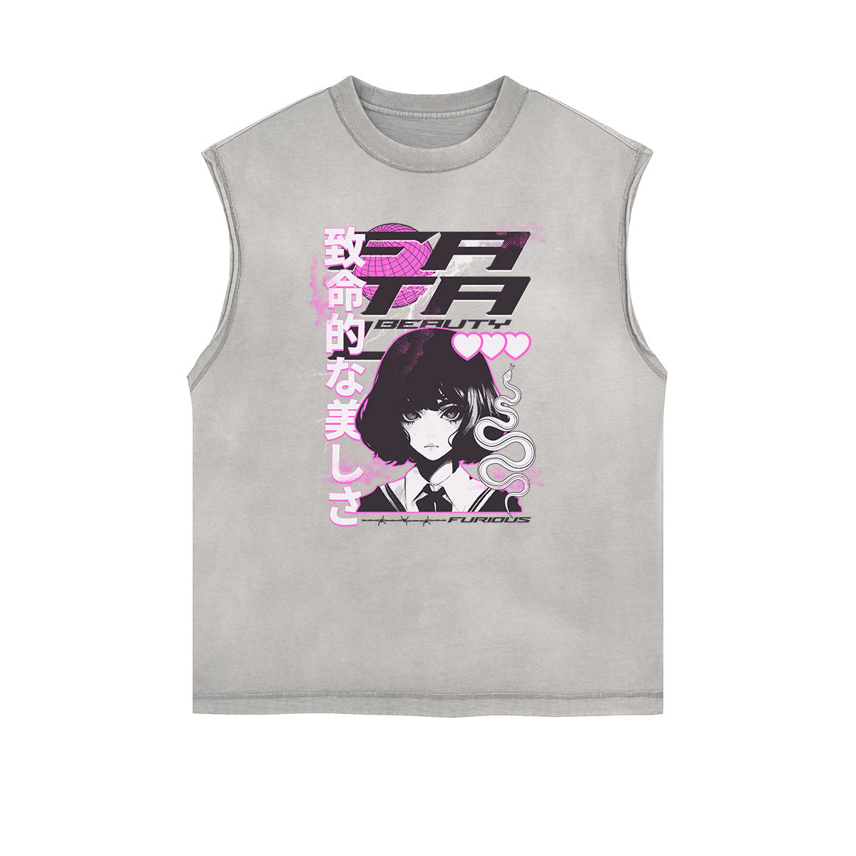 Sleeveless Stone Wash Anime Graphic Tee