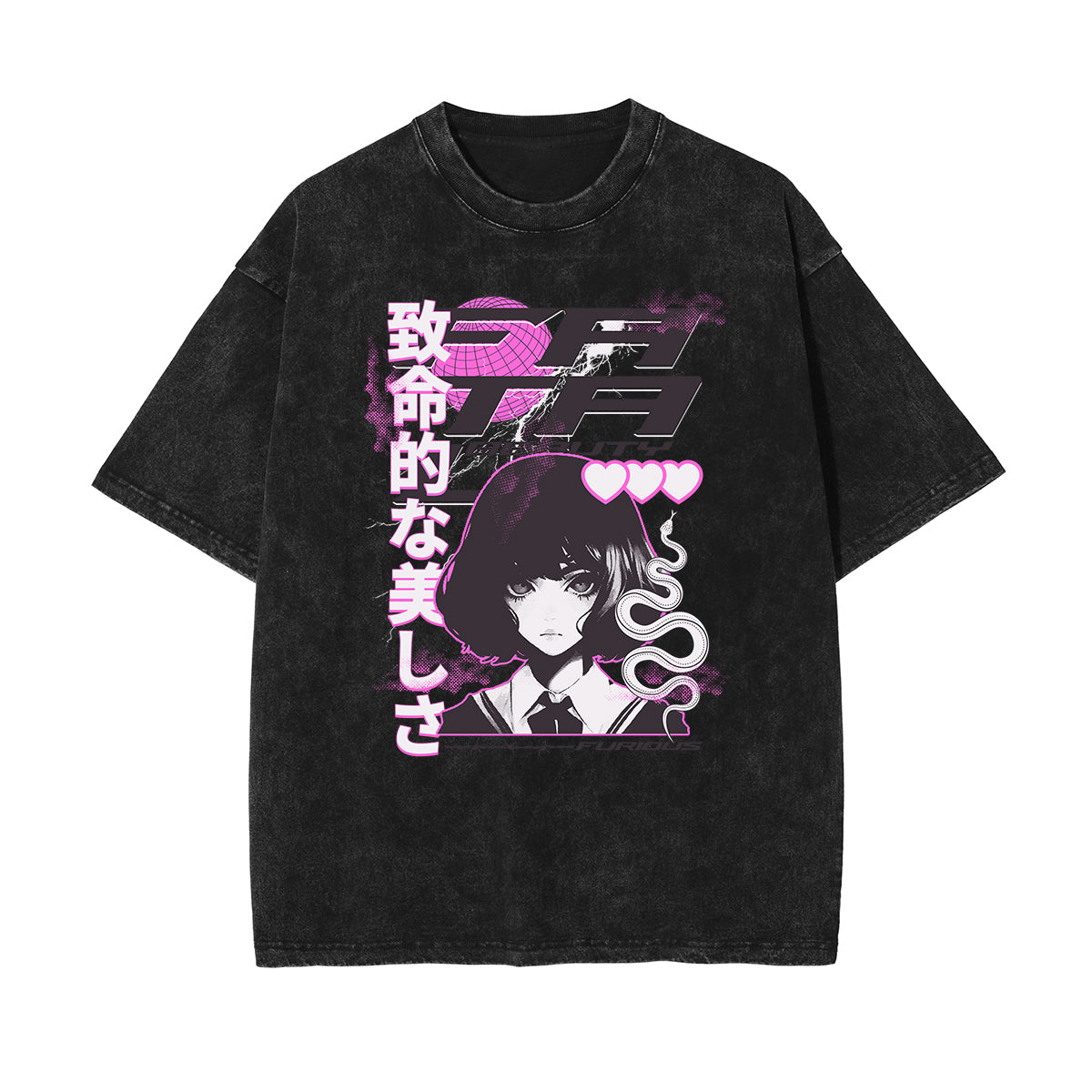 Stone Wash Anime Graphic T Shirt