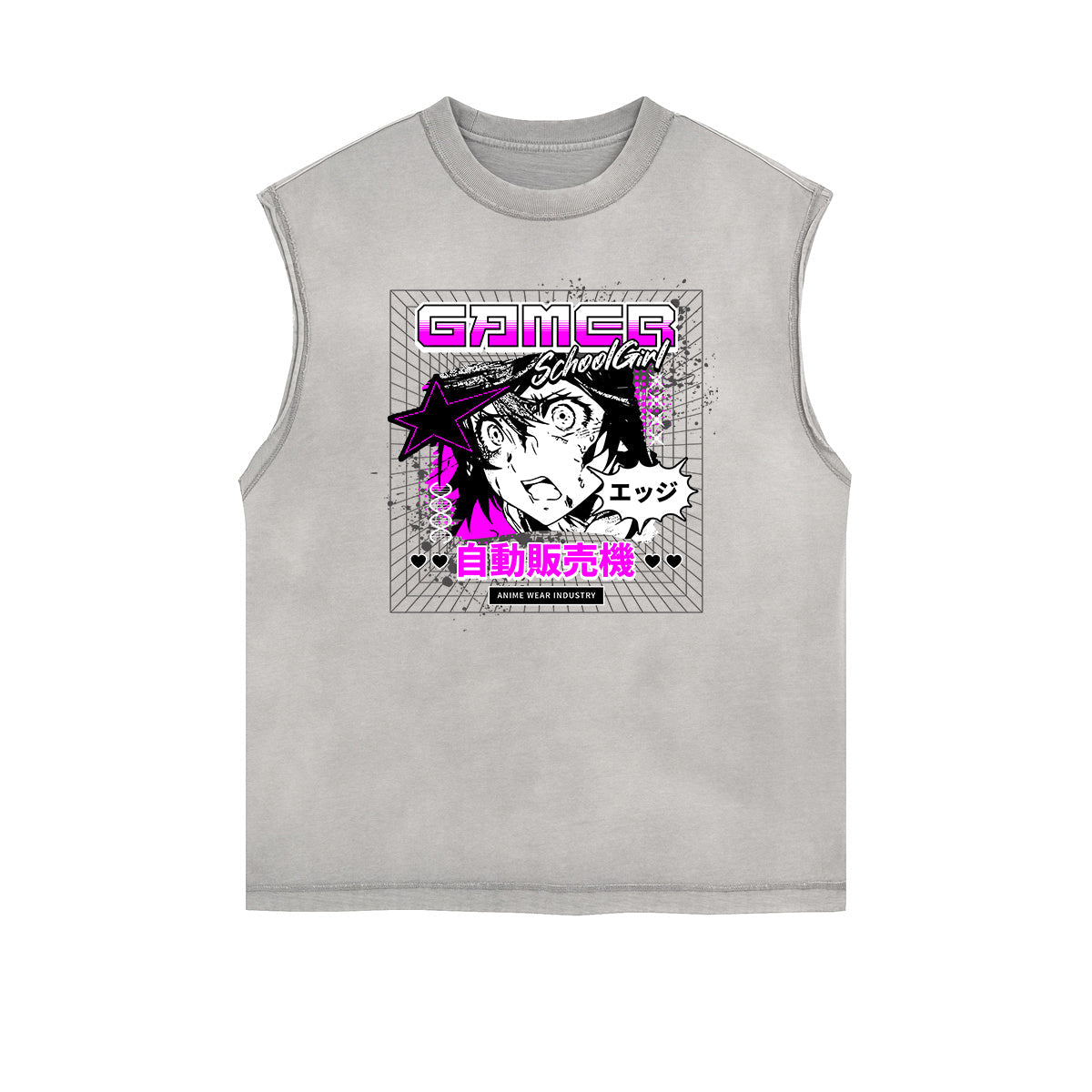 Sleeveless Stone Wash Anime Graphic Tee