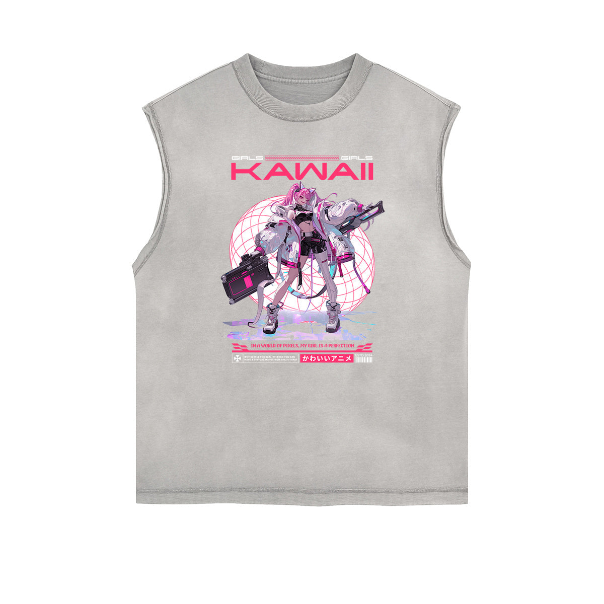 Sleeveless Stone Wash Anime Graphic Tee