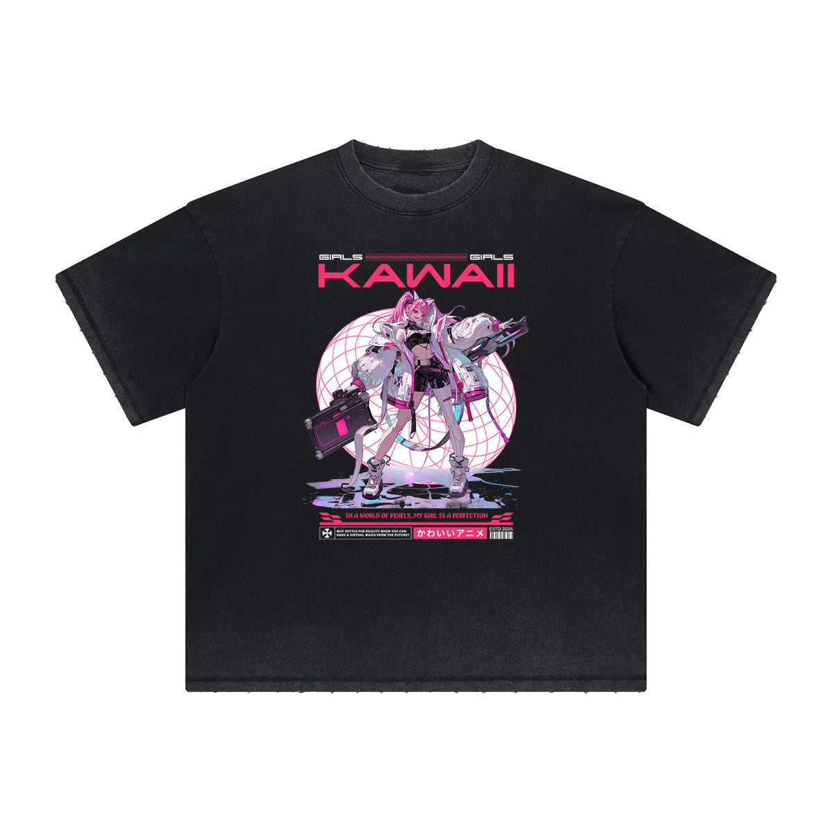 Faded Distressed Anime Pattern Tee