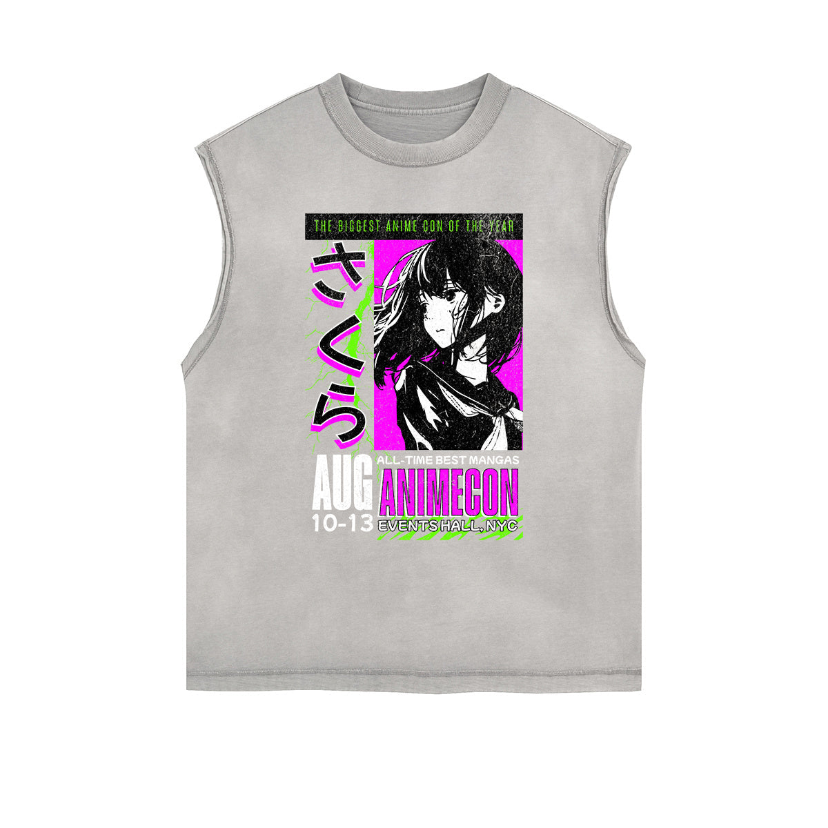 Camiseta sin mangas con estampado de anime Y2K descolorido y lavado