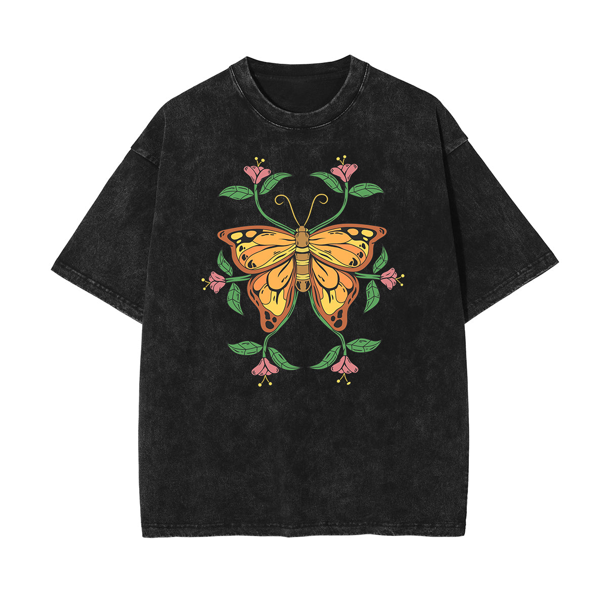 Camiseta con estampado de mariposas y lavado a la piedra