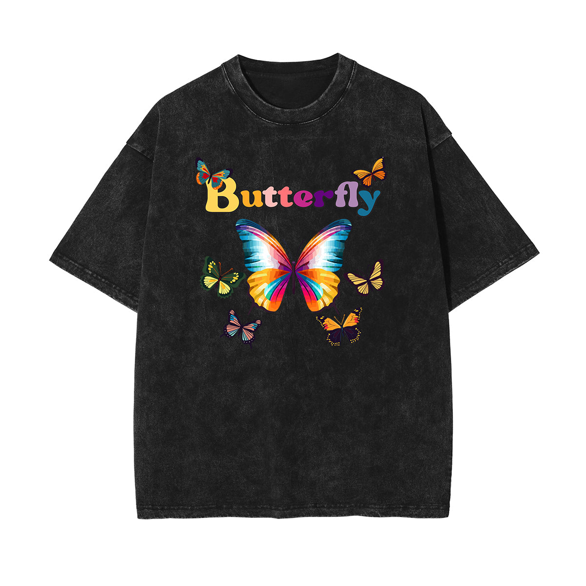 Camiseta con estampado de mariposas y lavado a la piedra