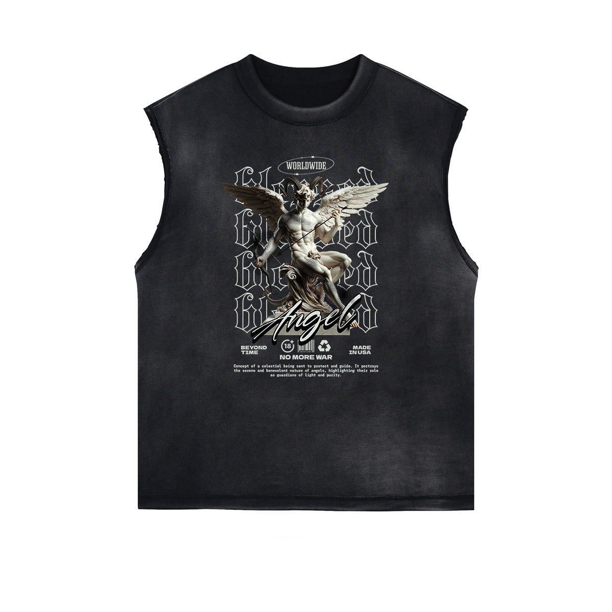 Sleeveless Distressed Angel Streetwear Graphic Tee