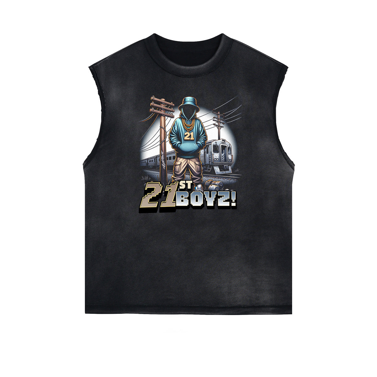 Sleeveless Frayed Edge Gangsta Pattern Tee