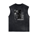 Sleeveless Frayed Edge Gangsta Pattern Tee