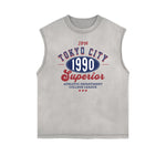 Retro Sporty Style Distressed Sleeveless Pattern Tee