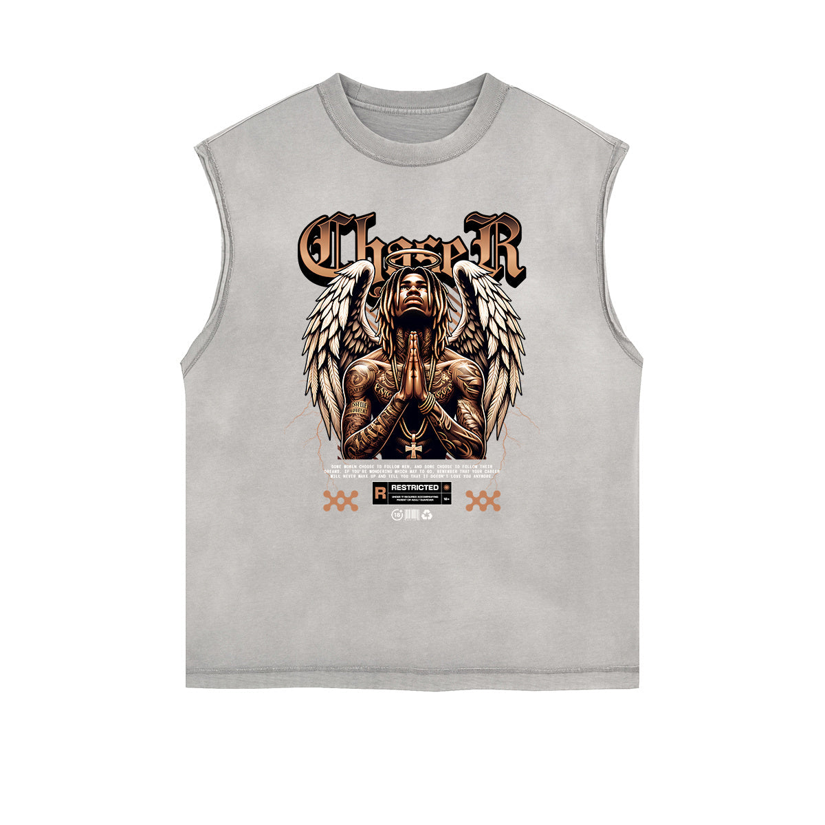 Distressed Sleeveless Winged Monster Pattern Tee